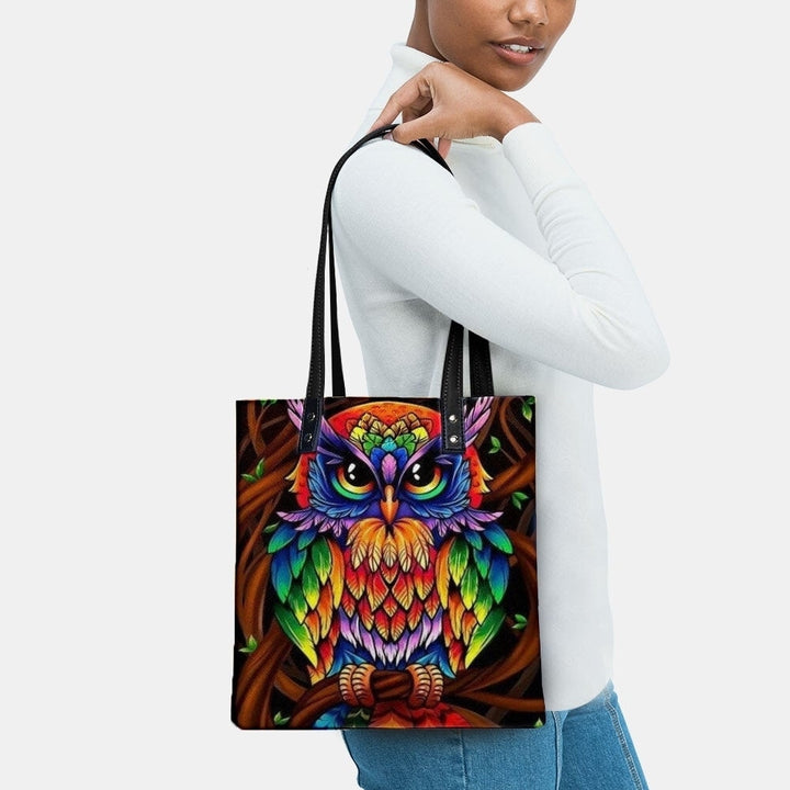 Color Owl Print Pattern Leather Tote Sticker Shoulder Handbag Tote With Built-in Small Bag Image 4