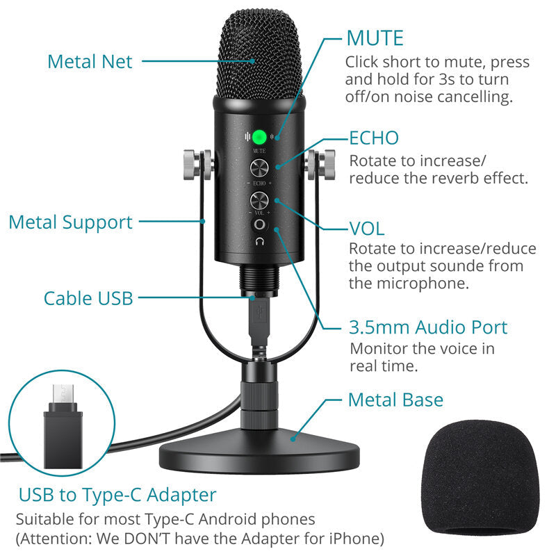 Condenser Microphone HIFI DSP Noise Reduction Reverberation Adjustable Built-In Sound Card USB Wired for YouTube Image 4