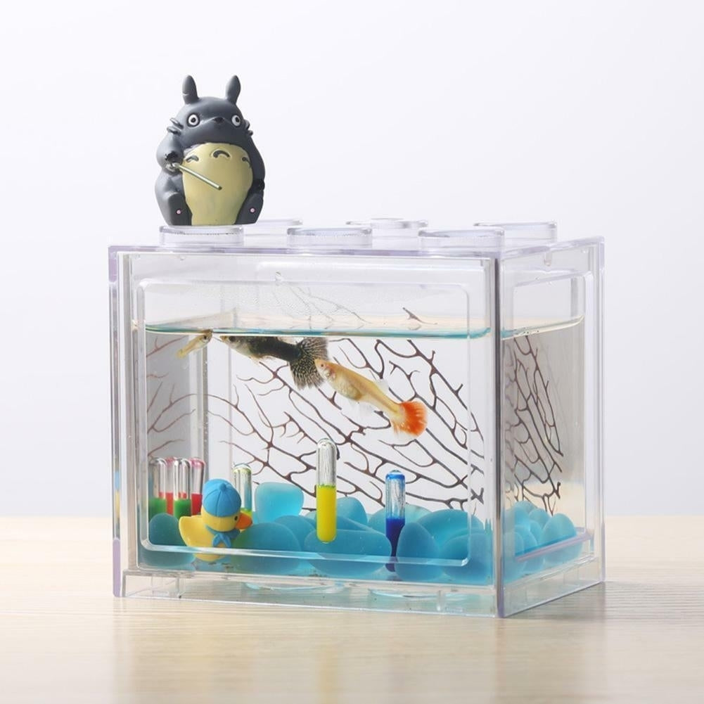 Colorful Clear Mini Fish Tank Aquarium LED Light Office Desktop Ornament Decor Image 8