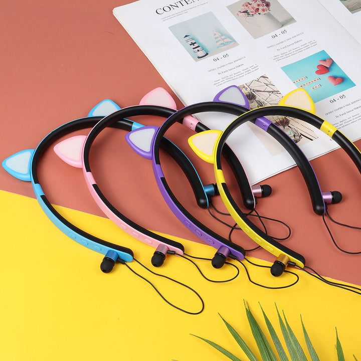 Colorful Wireless bluetooth 5.0 Earphone Cat Ears Shape Cute Neckband Headphone Headset with Mic Image 4