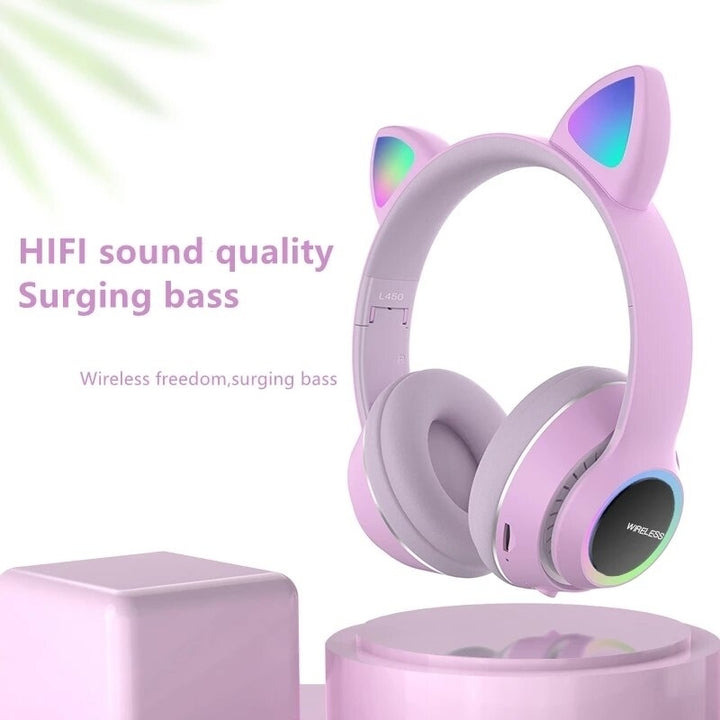 Cute Cat Ear bluetooth Headset Foldable HiFi Music Headphone Supports TF Card FM with Mic Image 3
