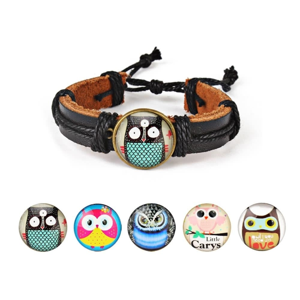 Cute Lovely Round Owl Woven Leather Wrist Bracelet for Women Vintage Jewelry Image 1