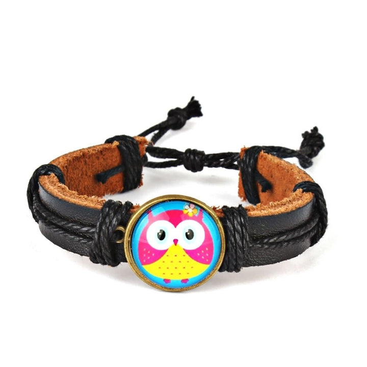 Cute Lovely Round Owl Woven Leather Wrist Bracelet for Women Vintage Jewelry Image 4