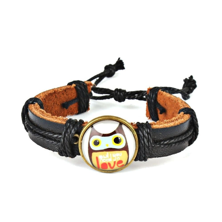 Cute Lovely Round Owl Woven Leather Wrist Bracelet for Women Vintage Jewelry Image 1