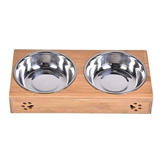 Double Pet Dog Bowl Stainless Steel Pet Bowl Bamboo Bottom Food Water Dual-use Pet Bowl Image 1