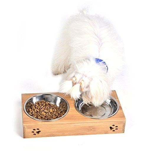 Double Pet Dog Bowl Stainless Steel Pet Bowl Bamboo Bottom Food Water Dual-use Pet Bowl Image 3