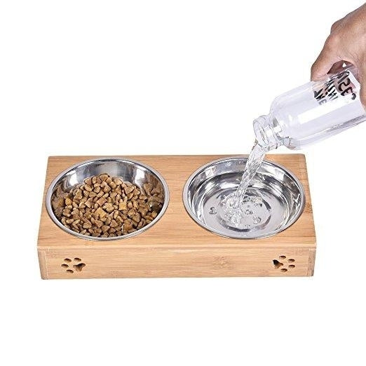 Double Pet Dog Bowl Stainless Steel Pet Bowl Bamboo Bottom Food Water Dual-use Pet Bowl Image 4