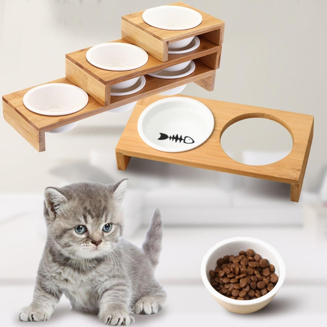 Elevated Dog Cat Bamboo Pet Feeder Ceramic Bowl Raised Stand 3 Size Durable Image 2