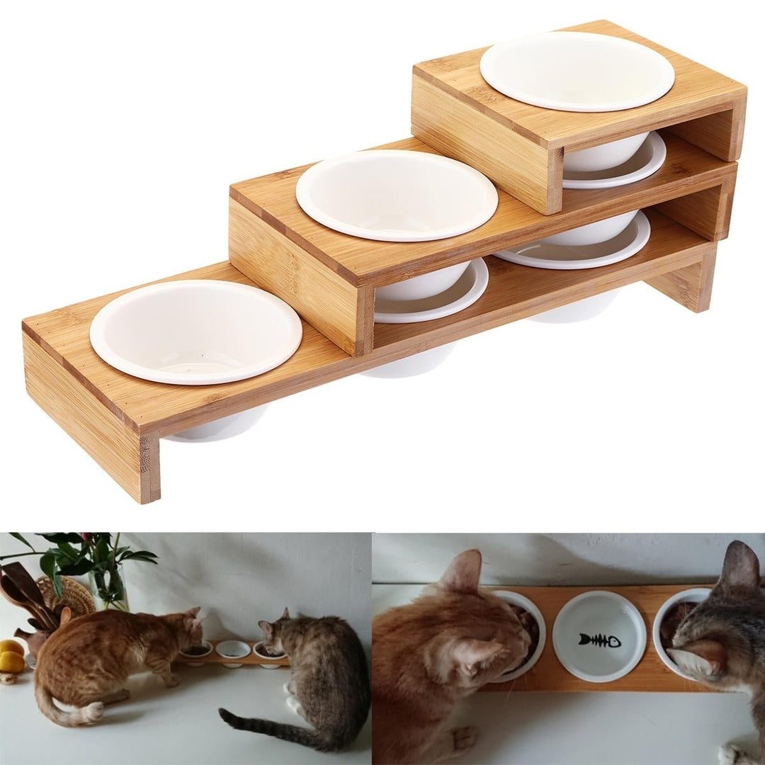 Elevated Dog Cat Bamboo Pet Feeder Ceramic Bowl Raised Stand 3 Size Durable Image 3