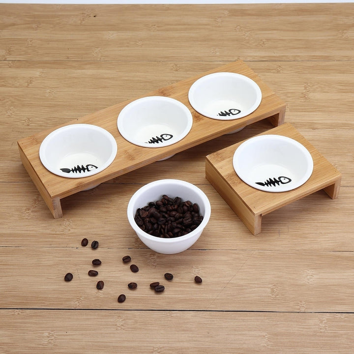 Elevated Dog Cat Bamboo Pet Feeder Ceramic Bowl Raised Stand 3 Size Durable Image 6