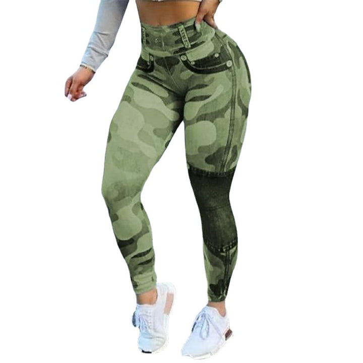 Fashionable Womens Camouflage Print High-waist Elasticity Faux Denim Pants Image 1