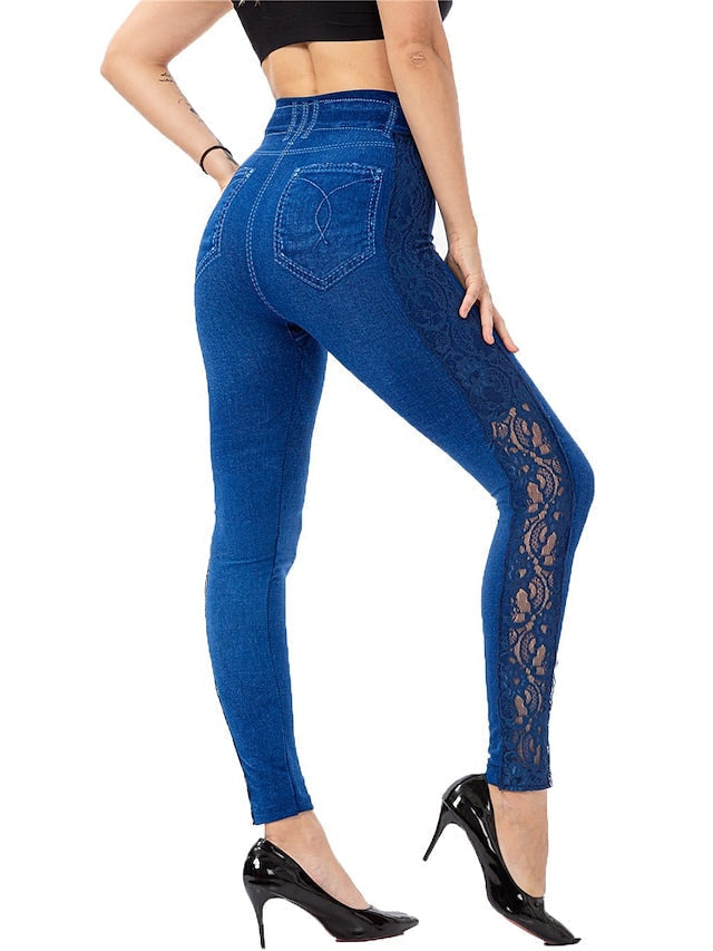 Female Casual Elasticity Ankle-Length Solid Color Print Simple Denim Pants Image 2