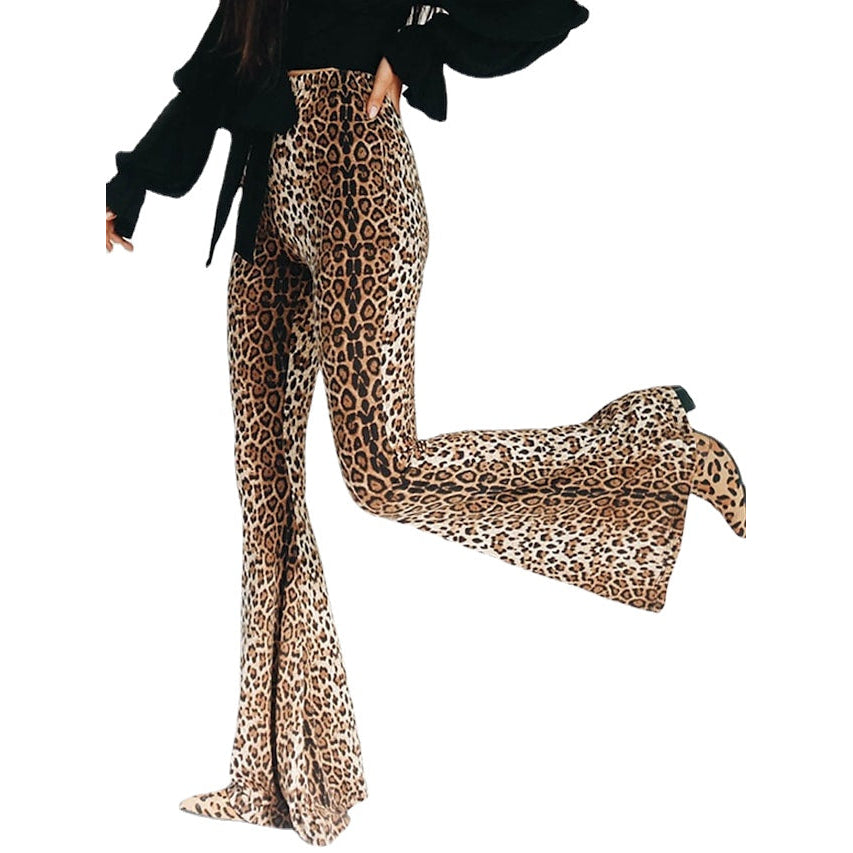 Fashion High Waist Casual Micro-elastic Leopard Womens Flare Pants Image 2