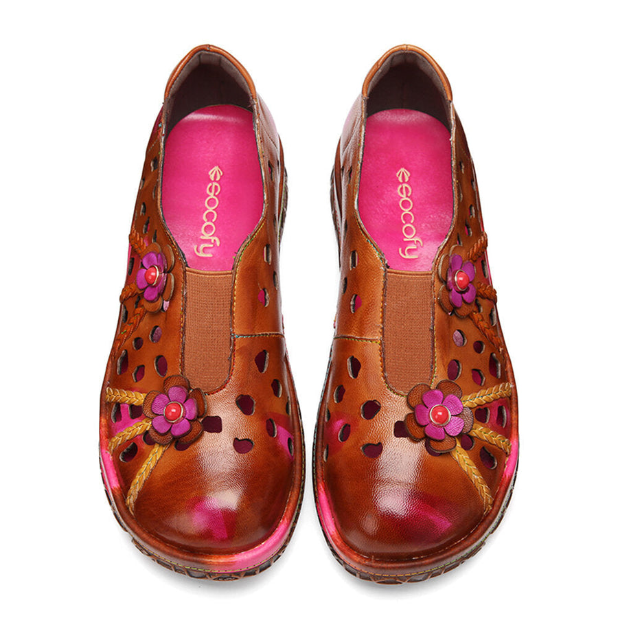 Genuine Leather Handmade Woven Comfy Breathable Hollow Ethnic Floral Embellished Flat Shoes Image 1