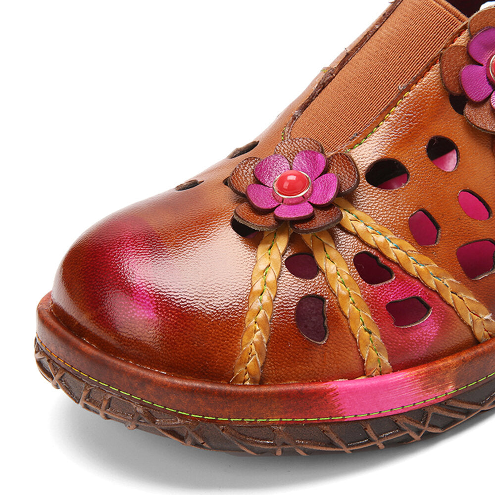 Genuine Leather Handmade Woven Comfy Breathable Hollow Ethnic Floral Embellished Flat Shoes Image 2