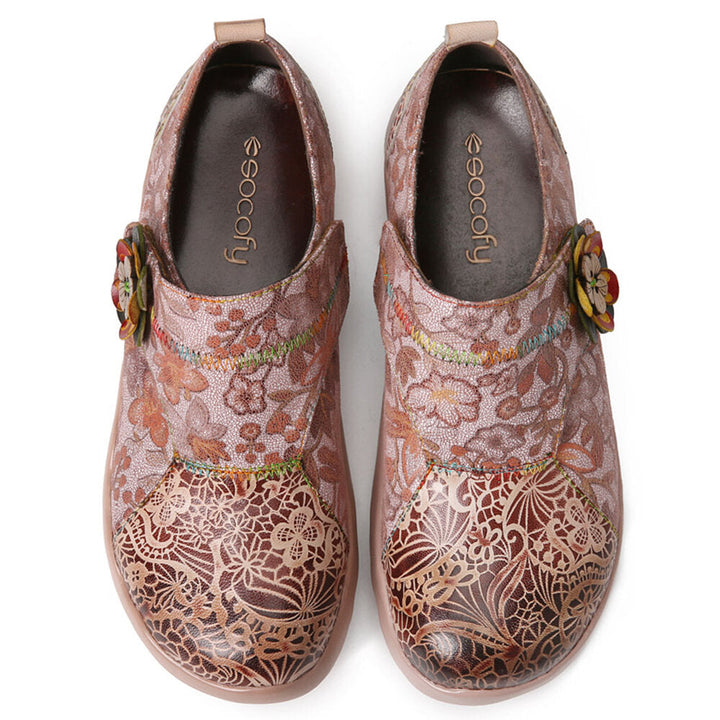 Genuine Leather Patchwork Ethnic Floral Decor Hook and Loop Soft Comfy Lightweight Flat Shoes Image 1