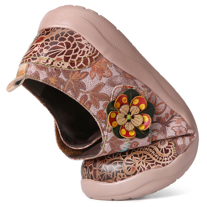 Genuine Leather Patchwork Ethnic Floral Decor Hook and Loop Soft Comfy Lightweight Flat Shoes Image 2