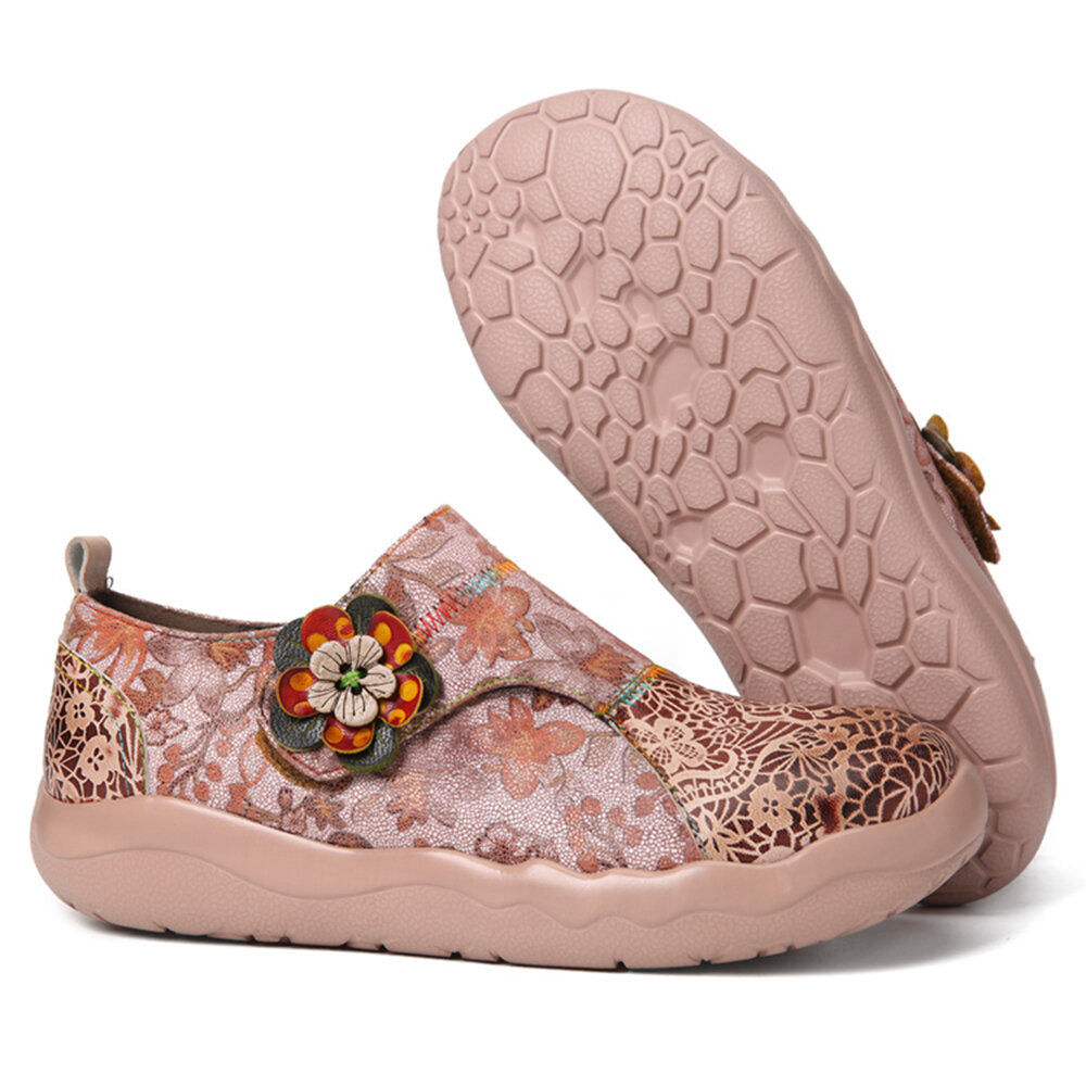 Genuine Leather Patchwork Ethnic Floral Decor Hook and Loop Soft Comfy Lightweight Flat Shoes Image 3