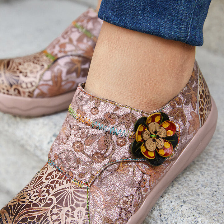 Genuine Leather Patchwork Ethnic Floral Decor Hook and Loop Soft Comfy Lightweight Flat Shoes Image 6