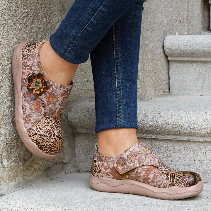 Genuine Leather Patchwork Ethnic Floral Decor Hook and Loop Soft Comfy Lightweight Flat Shoes Image 7