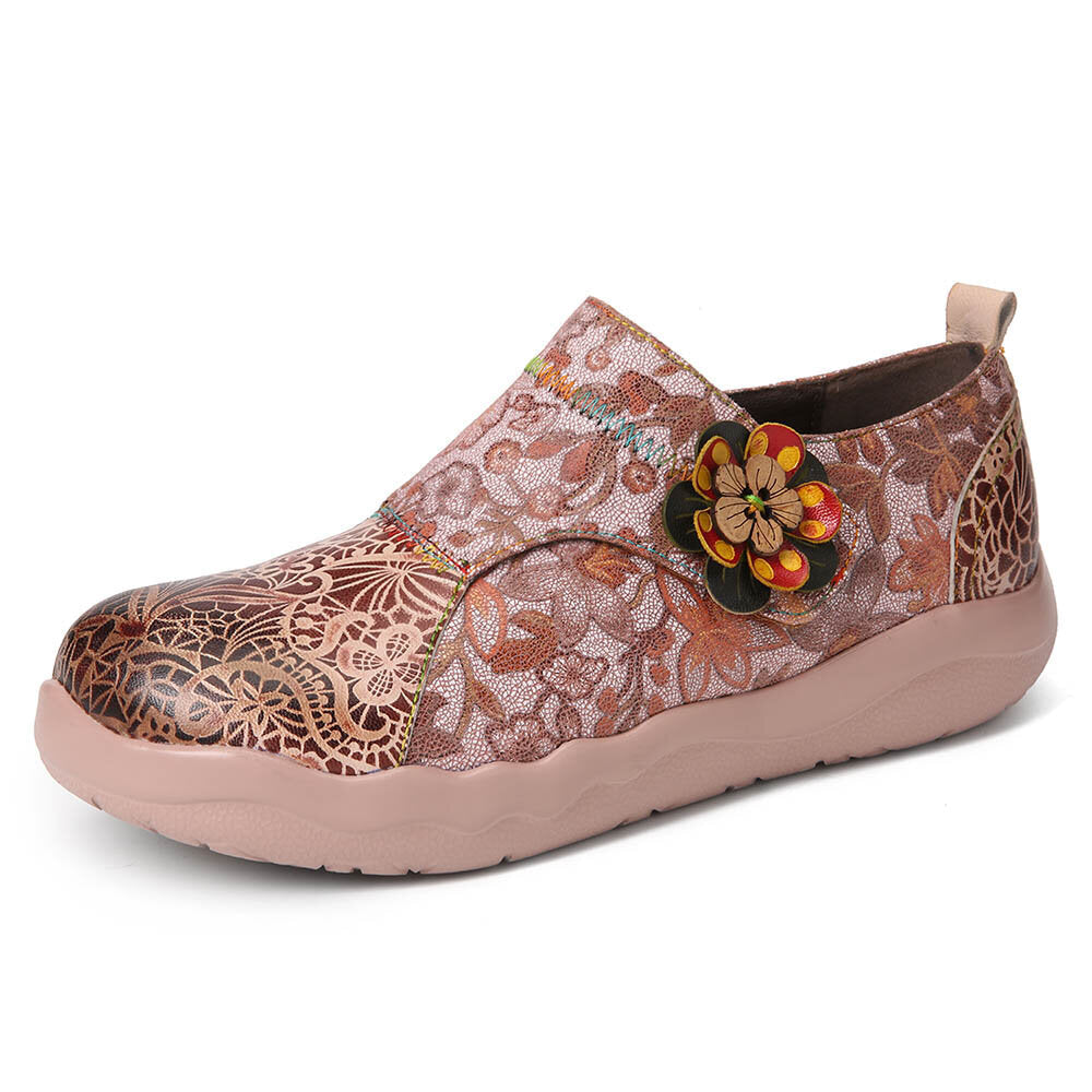 Genuine Leather Patchwork Ethnic Floral Decor Hook and Loop Soft Comfy Lightweight Flat Shoes Image 8