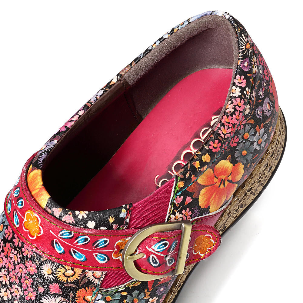 Handmade Stitching Flowers Pattern Leather Flats Shoes Image 2