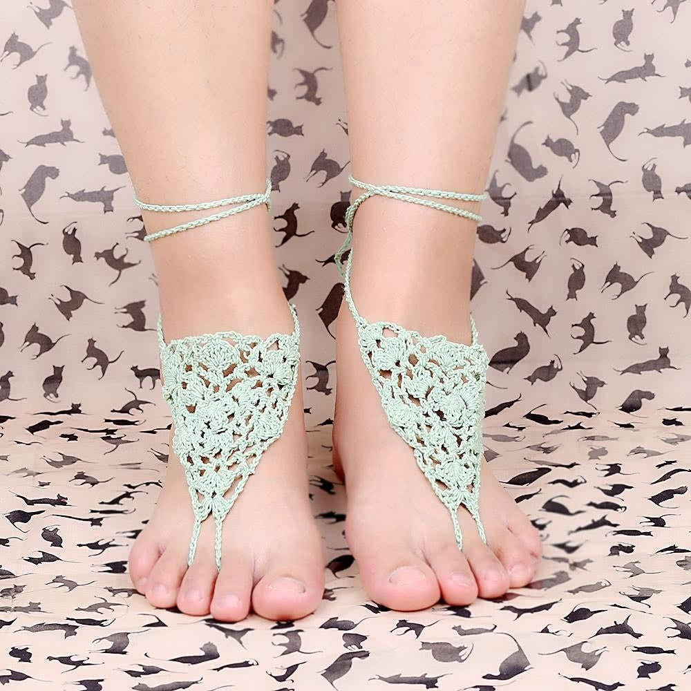 Green Cotton Thread Crochet Foot Chain Bracelet Anklet Geometric Beach Barefoot Sandal Toe Ring Image 3