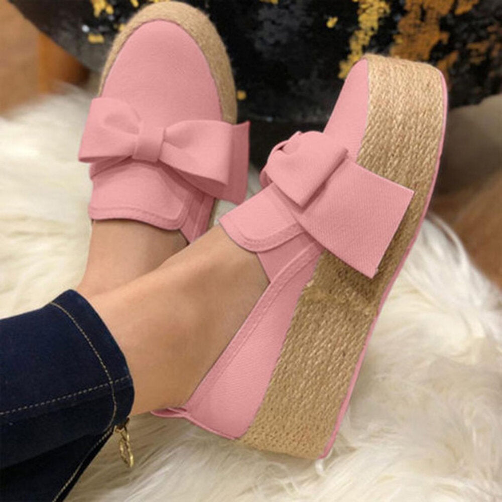 Large Size Women Casual Butterfly Knot Straw Platform Loafers Image 4