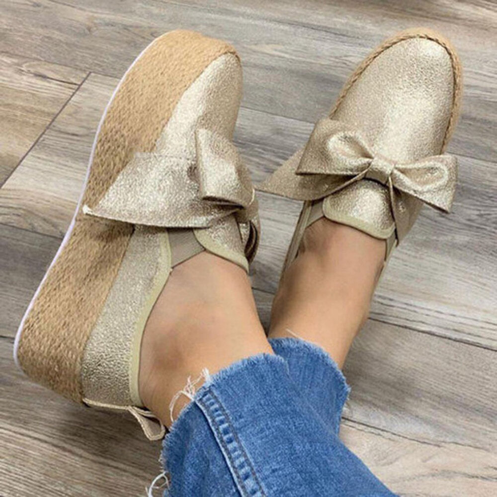 Large Size Women Casual Butterfly Knot Straw Platform Loafers Image 6