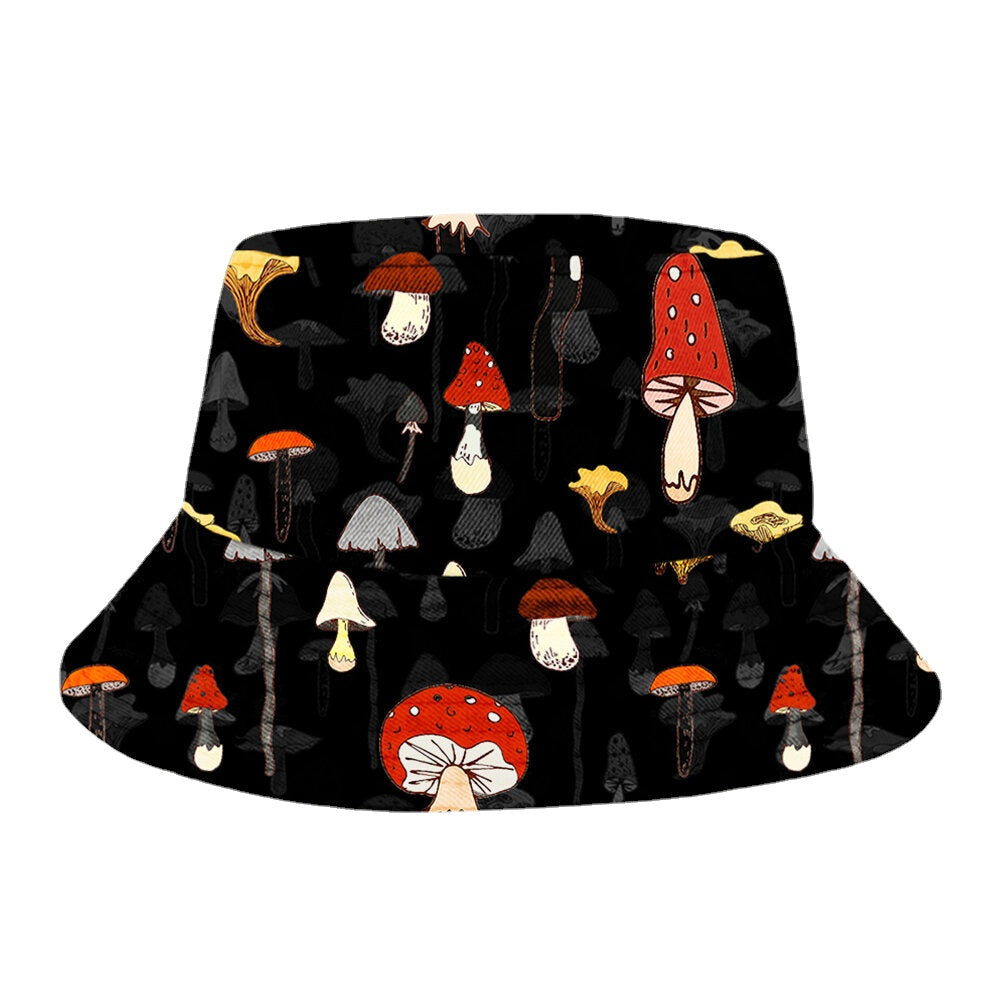 Men and Women Cotton Overlay Mushroom Print Pattern Sunshade Fashion Element Bucket Hat Image 2