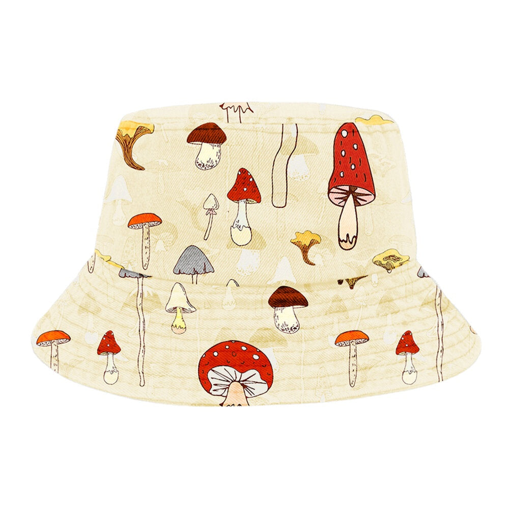 Men and Women Cotton Overlay Mushroom Print Pattern Sunshade Fashion Element Bucket Hat Image 3