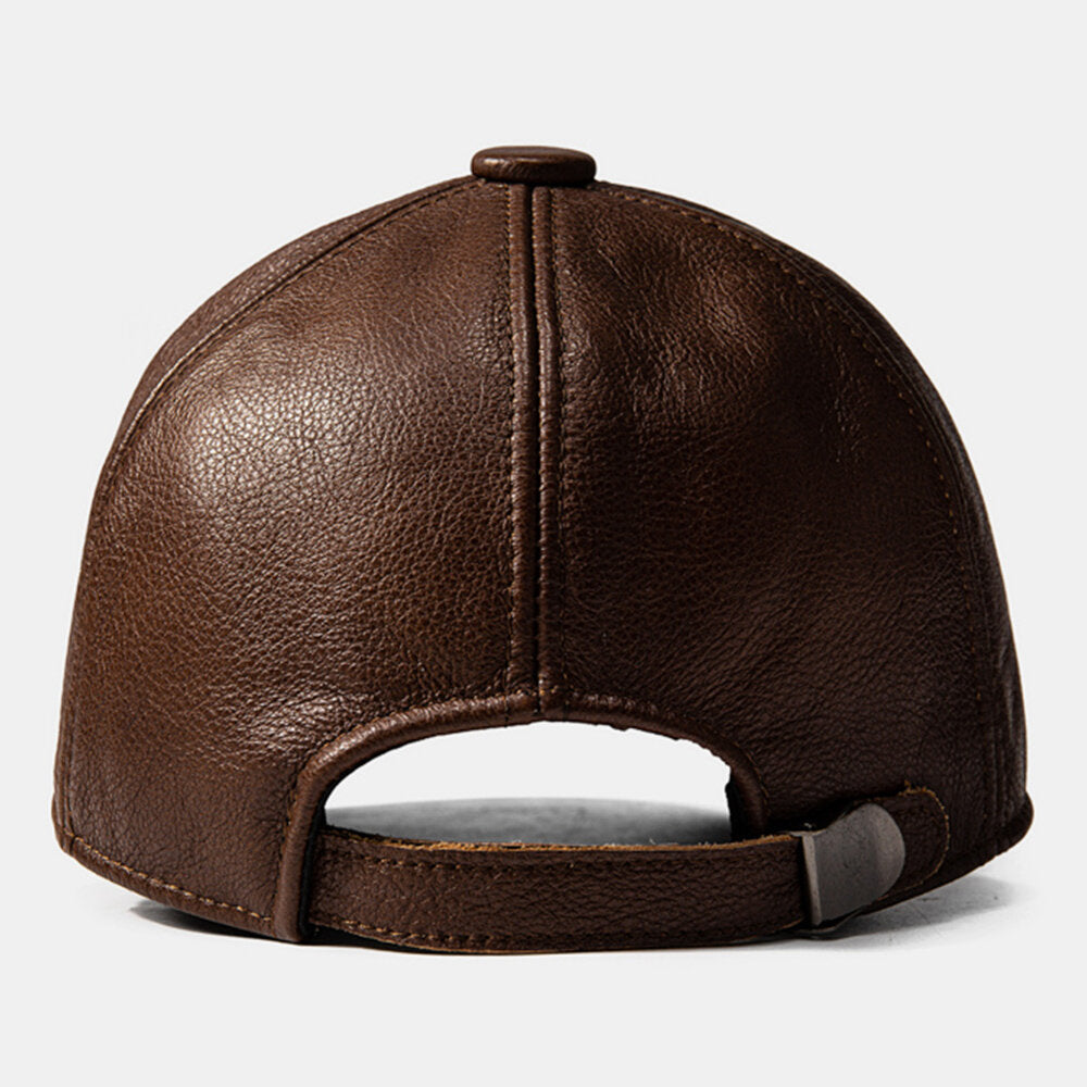 Men Baseball Cap Cowhide Plain Autumn Winter Warm Cold Protection Driving Hat Image 4