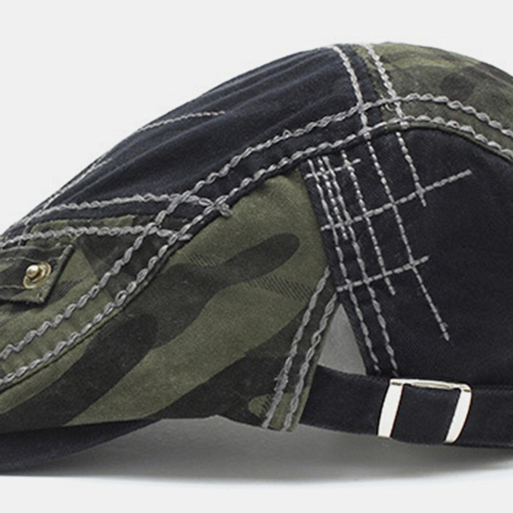 Men Cotton Camouflage Patchwork Metal Buckle Sunshade Beret Cap Forward Cap Flat Hat Image 2