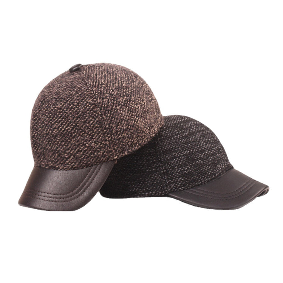 Men Cotton Dome Mixed Color Knitted Patchwork PU Brim Built-in Ear Protection Warmth Baseball Cap Image 1