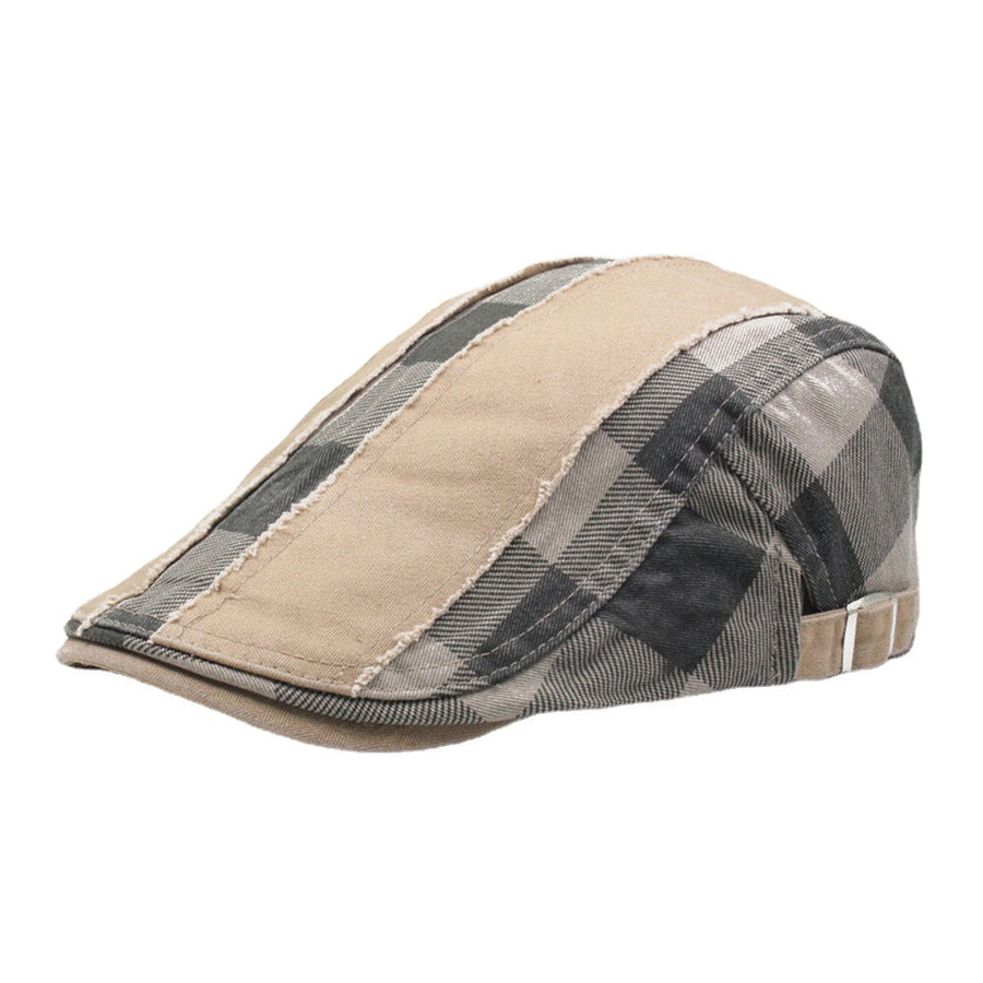 Men Cotton Patchwork Stitching Lattice Casual Outdoor Sunshade Flat Hat Beret Hat Image 1