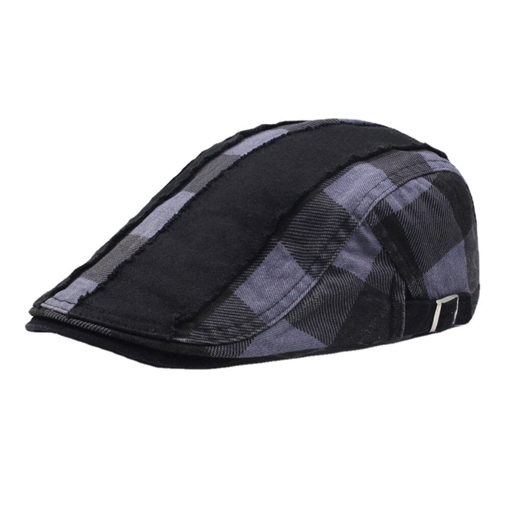 Men Cotton Patchwork Stitching Lattice Casual Outdoor Sunshade Flat Hat Beret Hat Image 2