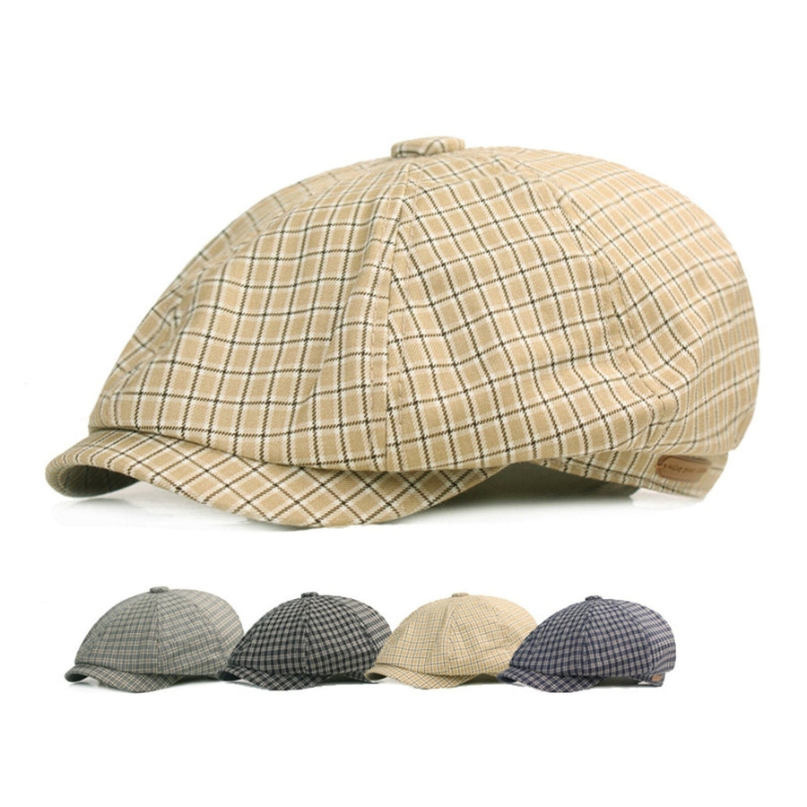 Men Cotton Plaid Pattern Casual Octagonal Hats Painter Hats Beret Flat Caps Image 1