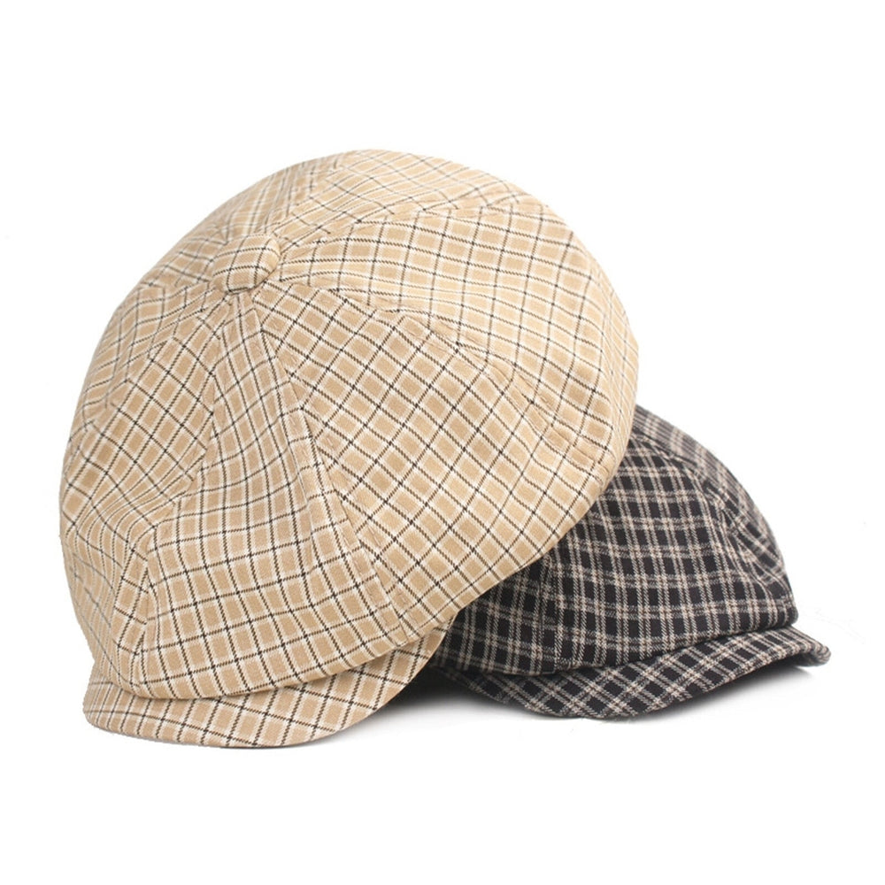 Men Cotton Plaid Pattern Casual Octagonal Hats Painter Hats Beret Flat Caps Image 2