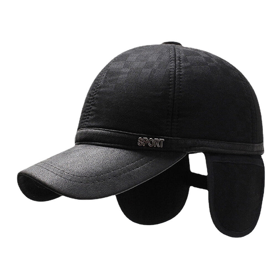 Men Cotton PU Brim Patchwork Lattice Pattern Baseball Cap Built-in Ear Protection Warmth Ivy Cap Image 1