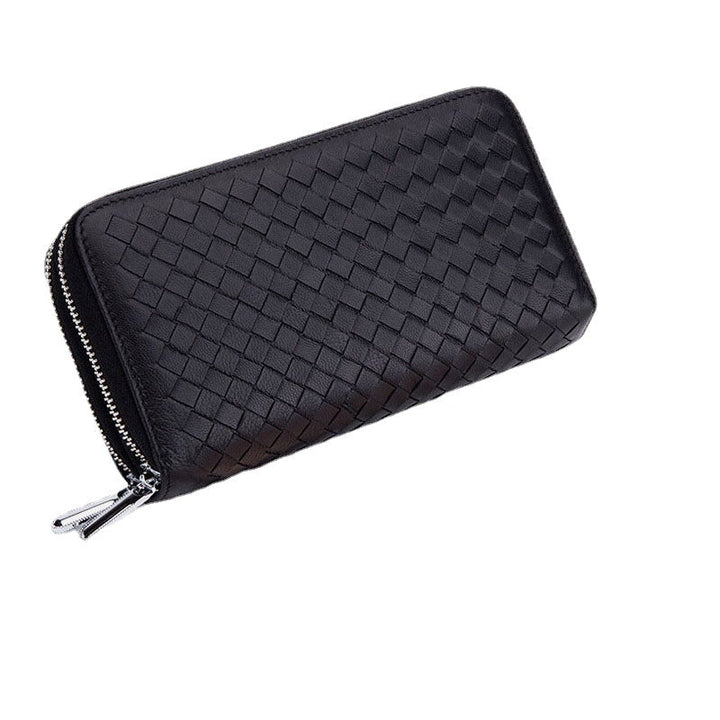 Men Women Large-capacity Long Wallet RFID Lambskin Genuine Leather Double Zipper Woven Wallet Image 1