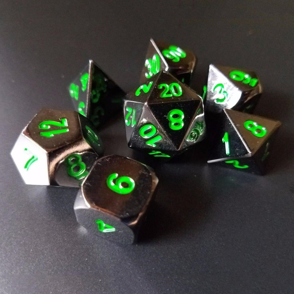 Metal Polyhedral Dice with Bag Green Red 7 Piece Set DnD RPG Image 2