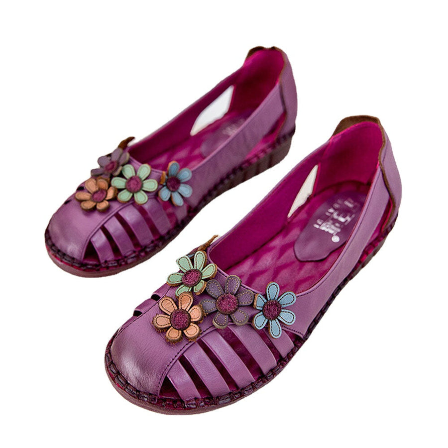 Plus Size Women Breathable Soft Comfy Genuine Leather Floral Embellished Hand Stitching Flat Shoes DTTT Image 1