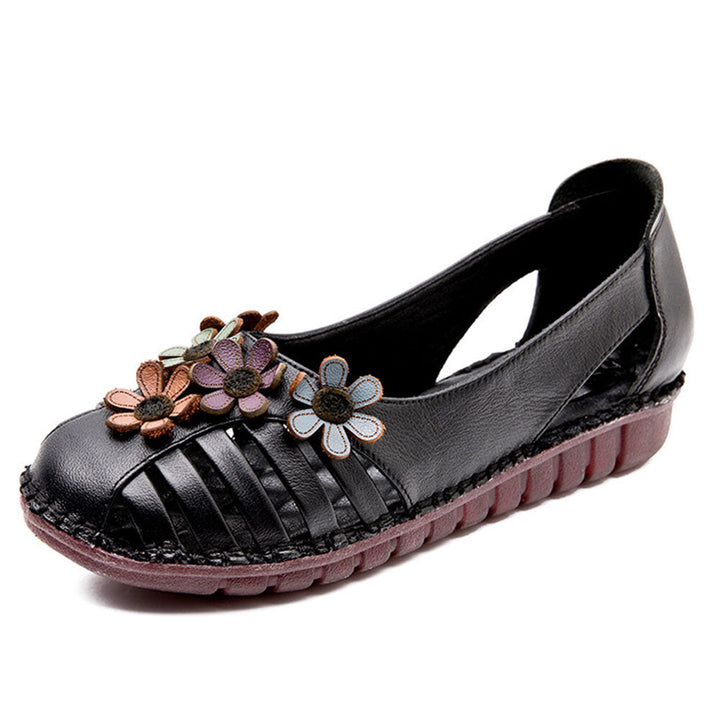 Plus Size Women Breathable Soft Comfy Genuine Leather Floral Embellished Hand Stitching Flat Shoes DTTT Image 9