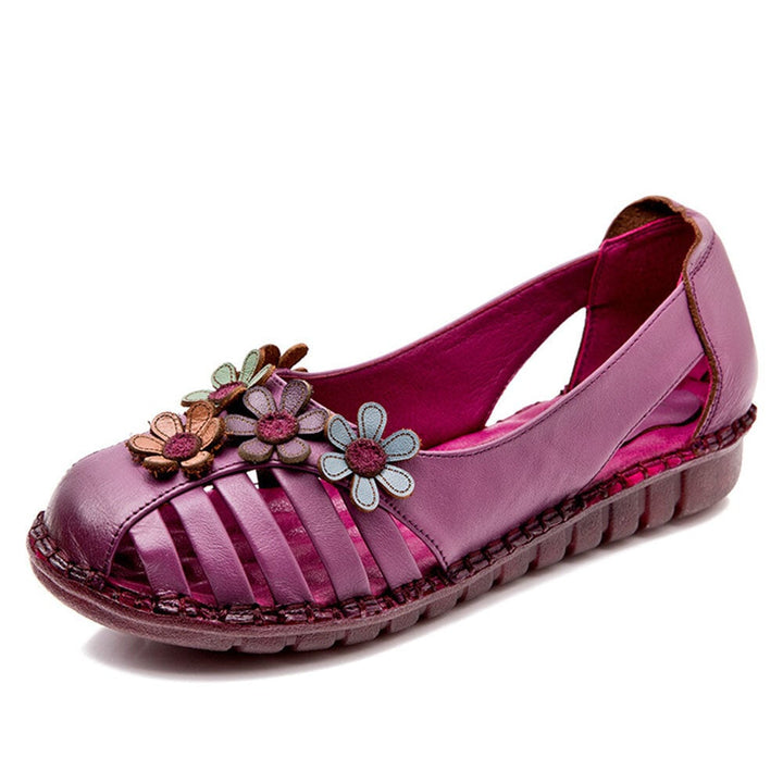 Plus Size Women Breathable Soft Comfy Genuine Leather Floral Embellished Hand Stitching Flat Shoes DTTT Image 1