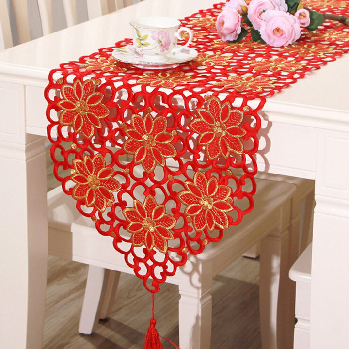 Red Flower Vintage Table Runner Tablecloth Flag With Tassel Home Wedding Party Decor Image 4