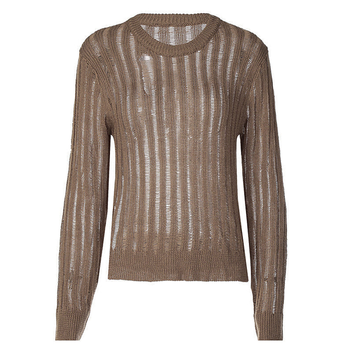 Retro Fashionable Brown Sheer Long Sleeve Sweater For Early Autumn Image 2