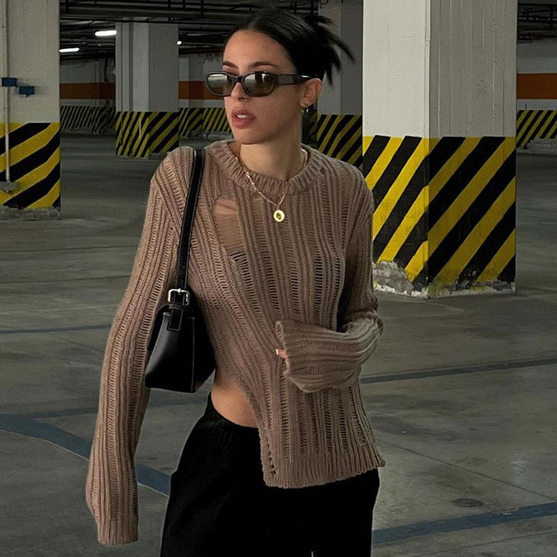 Retro Fashionable Brown Sheer Long Sleeve Sweater For Early Autumn Image 4