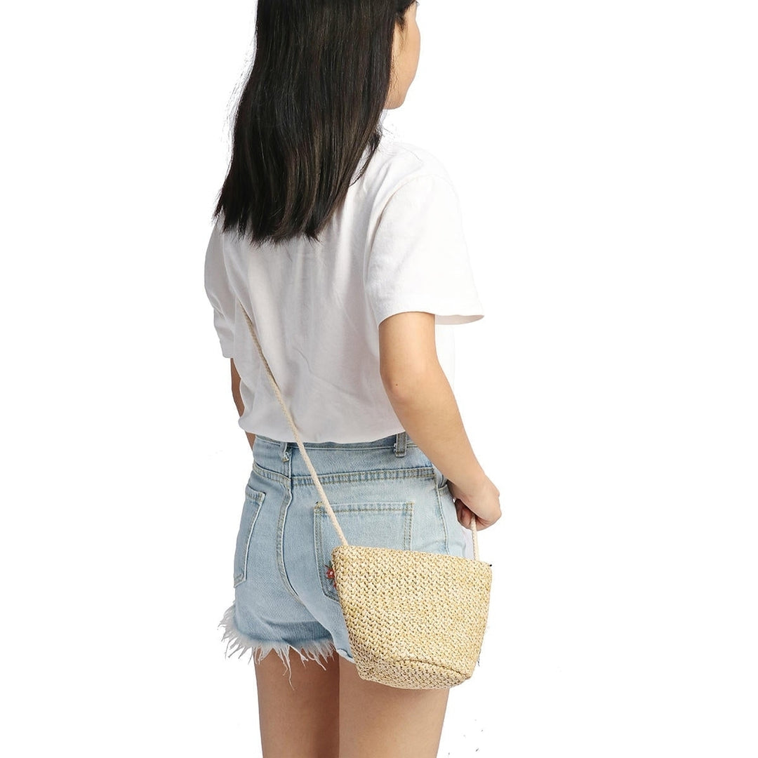 Retro Beach Bag Straw Rattan Woven Round Handbag Vintage Knitted Messenger DTTT Image 1