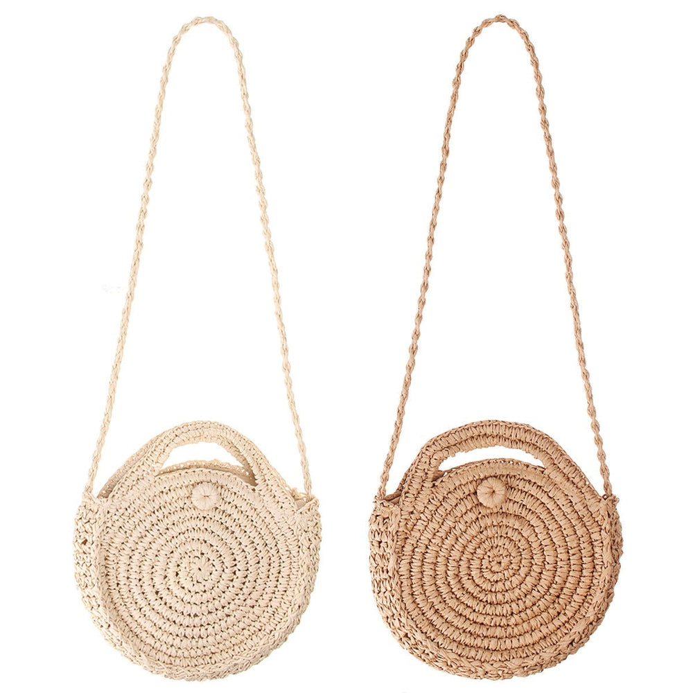 Round Straw Beige White Women Rattan Circle Handwoven Shoulder Crossbody Bag DTTT Image 2