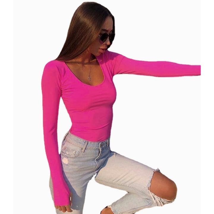 Solid Color Womens Chic Long-Sleeved Bottom T-shirt Image 9